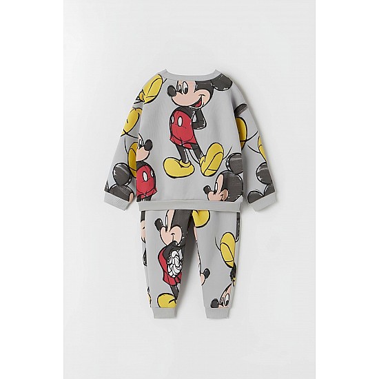 Unisex Çocuk Mickey Mouse Baskılı 3 Iplik Şardonsuz Sweat Ve Eşofman Alt Üst Takım Dar Kalıp - GRİ