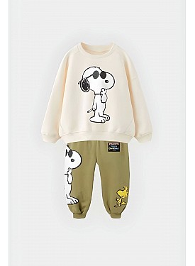 Unisex Çocuk Snoopy Baskılı Haki Pamuklu Kışlık Sweat ve Eşofman Alt Üst Takım - BEYAZ