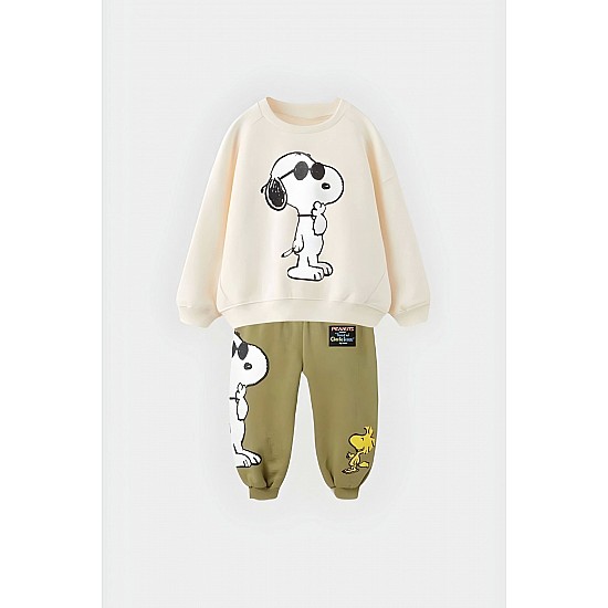 Unisex Çocuk Snoopy Baskılı Haki Pamuklu Kışlık Sweat ve Eşofman Alt Üst Takım - BEYAZ