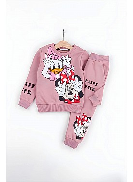 Kız Çocuk Minnie Mouse ve Daisy Duck Baskılı 3 İplik Şardonlu Kışlık Sweat ve Eşofman Alt Üst Takım - PEMBE