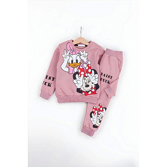 Kız Çocuk Minnie Mouse ve Daisy Duck Baskılı 3 İplik Şardonlu Kışlık Sweat ve Eşofman Alt Üst Takım - PEMBE