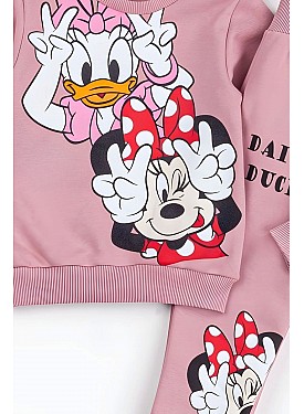 Kız Çocuk Minnie Mouse ve Daisy Duck Baskılı 3 İplik Şardonlu Kışlık Sweat ve Eşofman Alt Üst Takım - PEMBE