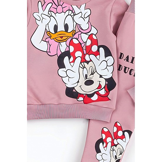 Kız Çocuk Minnie Mouse ve Daisy Duck Baskılı 3 İplik Şardonlu Kışlık Sweat ve Eşofman Alt Üst Takım - PEMBE