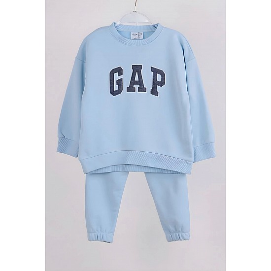 Unisex Bebek & Çocuk Nakışlı Mavi 3 İplik Şardonsuz Kışlık Sweat ve Eşofman Alt Üst Takım - MAVİ