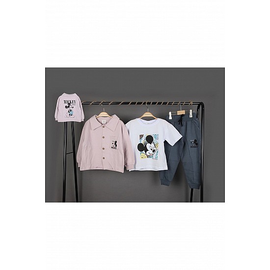 Erkek Çocuk Mickey Mouse Baskılı Gömlek Ceket T-shirt ve Eşofman 3 Parça Mevsimlik Takım - AÇIK KAHVE