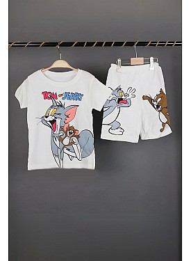 Unisex Çocuk Tom ve Jerry Baskılı Pamuklu İnce Yazlık T-shirt ve Şort Pijama Takımı - BEYAZ