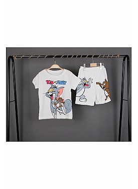 Unisex Çocuk Tom ve Jerry Baskılı Pamuklu İnce Yazlık T-shirt ve Şort Pijama Takımı - BEYAZ