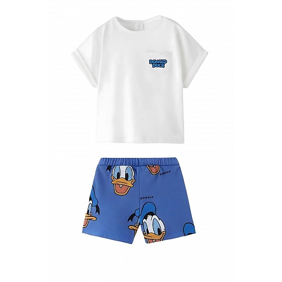 Unisex Bebek & Çocuk Donald Duck Baskılı Pamuklu Bisiklet Yaka Beyaz T-shirt ve Şort Alt Üst Takım - BEYAZ