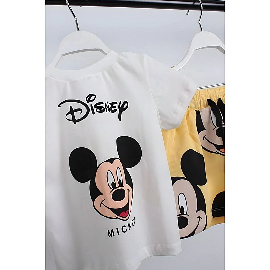 Unisex Bebek & Çocuk Mickey Mouse Baskılı Pamuklu Bisiklet Yaka Beyaz T-shirt ve Şort Alt Üst Takım - BEYAZ