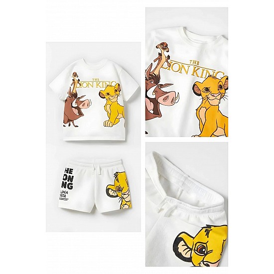 Unisex Çocuk Aslan Lion King Baskılı Pamuklu Bisiklet Yaka Beyaz T-shirt ve Şort Alt Üst Takım - BEYAZ