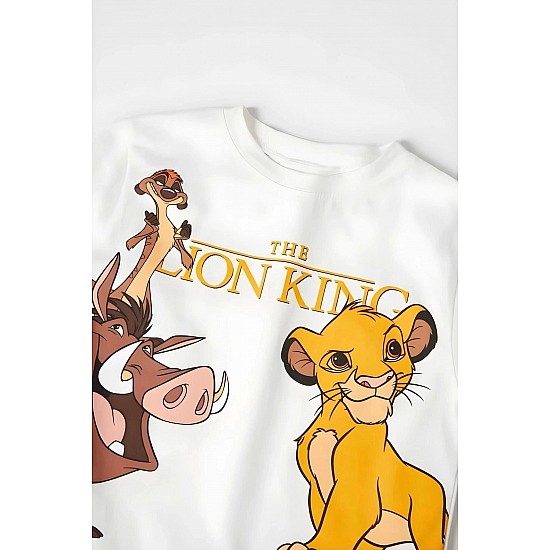 Unisex Çocuk Aslan Lion King Baskılı Pamuklu Bisiklet Yaka Beyaz T-shirt ve Şort Alt Üst Takım - BEYAZ