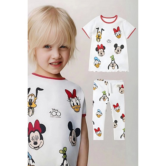 Kız Çocuk Disney 100. Yıl Baskılı Pamuklu Bisiklet Yaka Fitilli Kumaş T-shirt ve Tayt Alt Üst Takım - BEYAZ
