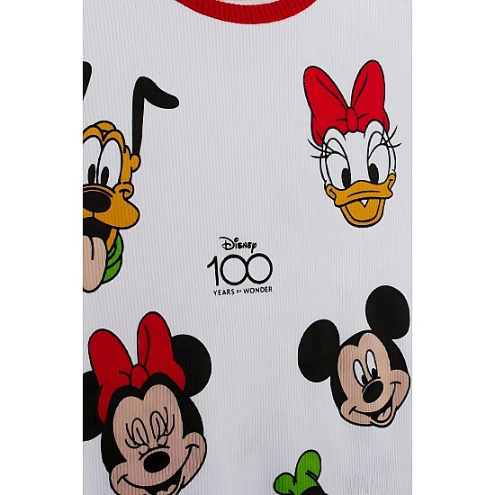 Kız Çocuk Disney 100. Yıl Baskılı Pamuklu Bisiklet Yaka Fitilli Kumaş T-shirt ve Tayt Alt Üst Takım - BEYAZ