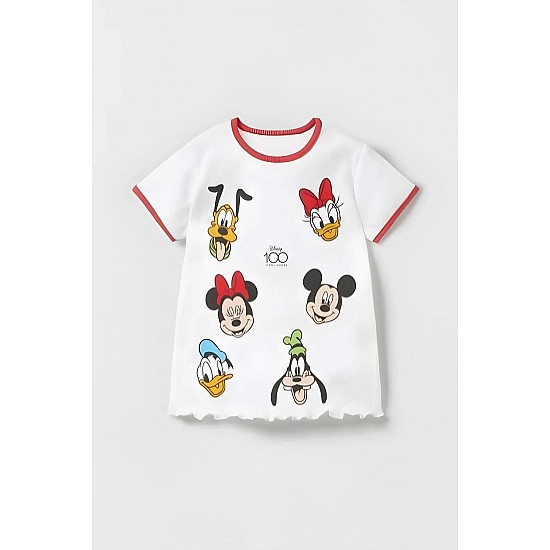 Kız Çocuk Disney 100. Yıl Baskılı Pamuklu Bisiklet Yaka Fitilli Kumaş T-shirt ve Tayt Alt Üst Takım - BEYAZ