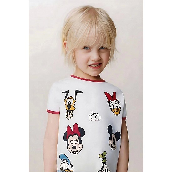Kız Çocuk Disney 100. Yıl Baskılı Pamuklu Bisiklet Yaka Fitilli Kumaş T-shirt ve Tayt Alt Üst Takım - BEYAZ