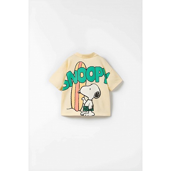 Unisex Bebek & Çocuk Snoopy Baskılı Pamuklu Polo Yaka T-shirt ve Şort Alt Üst Takım - BEJ
