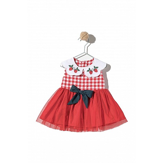Kız Bebek Kırmızı Renk Kiraz Modelli Gömlek Yakalı Fırfırlı Bayramlık Elbise - KIRMIZI