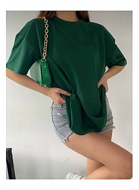 Kadın Zümrüt Yeşili Renk Pamuklu Boyfriend Yarım Kol Oversize T-shirt - ZÜMRÜT