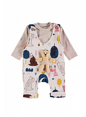 Erkek Bebek Pamuklu Kumaş Hayvan Desenli Oyuncak Ayılı Salopet Ve T-shirt 2 Parça Takım - Renkli