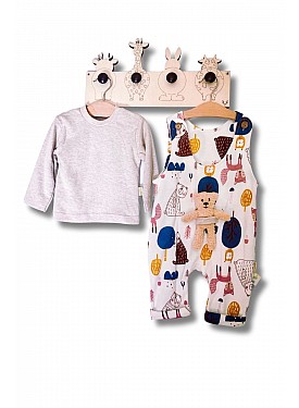 Erkek Bebek Pamuklu Kumaş Hayvan Desenli Oyuncak Ayılı Salopet Ve T-shirt 2 Parça Takım - Renkli