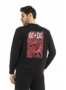 Erkek Ac Dc Rock Baskılı 2 İplik Alt Üst Füme Renk Kanguru Cepli Eşofman Takımı - SİYAH