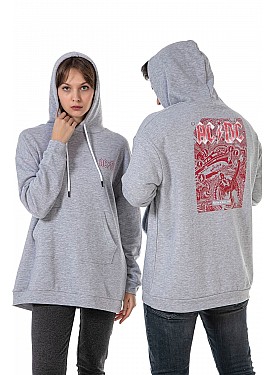 Unisex Ac Dc Rock Baskılı Oversize Kapüşonlu Kanguru Cepli Gri Renk Sevgili Kombini Sweatshirt - GRİ