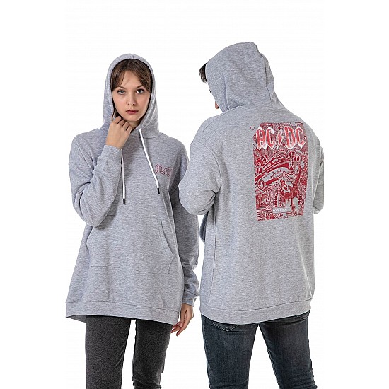 Unisex Ac Dc Rock Baskılı Oversize Kapüşonlu Kanguru Cepli Gri Renk Sevgili Kombini Sweatshirt - GRİ