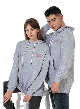 Unisex Ac Dc Rock Baskılı Oversize Kapüşonlu Kanguru Cepli Gri Renk Sevgili Kombini Sweatshirt - GRİ