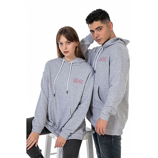 Unisex Ac Dc Rock Baskılı Oversize Kapüşonlu Kanguru Cepli Gri Renk Sevgili Kombini Sweatshirt - GRİ