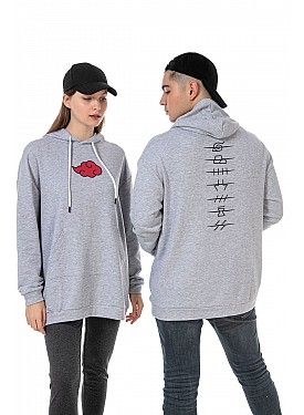 Unısex Ön Arka Anime Baskılı Oversize Kapüşonlu Kanguru Cepli Gri Renk Sevgili Kombini Sweatshirt - GRİ