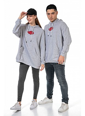 Unısex Ön Arka Anime Baskılı Oversize Kapüşonlu Kanguru Cepli Gri Renk Sevgili Kombini Sweatshirt - GRİ