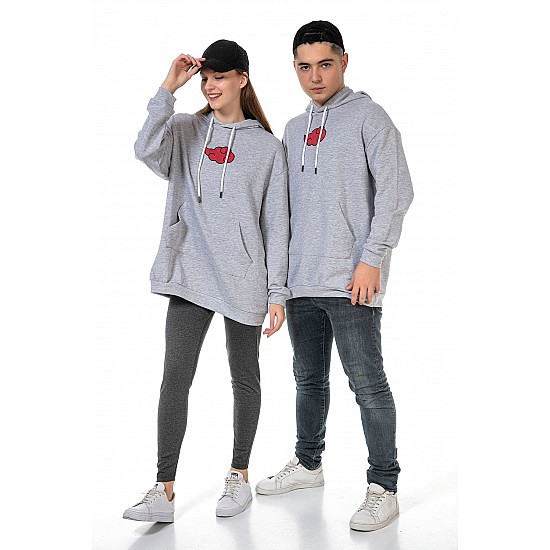 Unısex Ön Arka Anime Baskılı Oversize Kapüşonlu Kanguru Cepli Gri Renk Sevgili Kombini Sweatshirt - GRİ