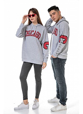 Unisex Yazı Baskılı 3 Iplik Kapüşonlu Kanguru Cepli Gri Renk Sevgili Kombini Sweatshirt - GRİ