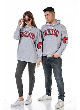 Unisex Yazı Baskılı 3 Iplik Kapüşonlu Kanguru Cepli Gri Renk Sevgili Kombini Sweatshirt - GRİ