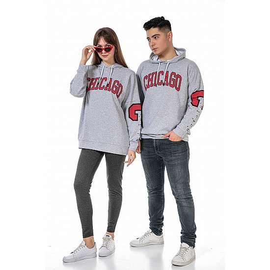 Unisex Yazı Baskılı 3 Iplik Kapüşonlu Kanguru Cepli Gri Renk Sevgili Kombini Sweatshirt - GRİ