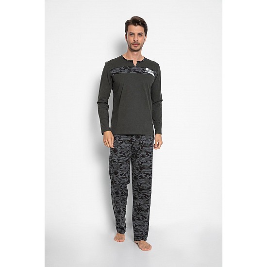 Erkek %100 Pamuk Haki Renk Kamuflaj Baskılı Pijama Takımı - HAKİ