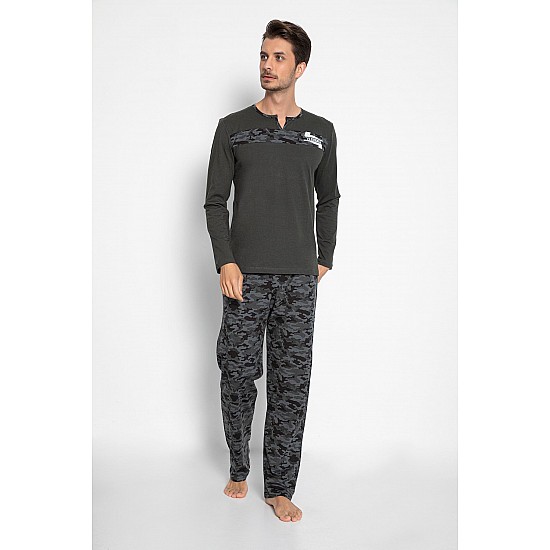 Erkek %100 Pamuk Haki Renk Kamuflaj Baskılı Pijama Takımı - HAKİ
