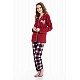 Kadın Boydan Düğmeli %100 Pamuk Gömlek Yaka Lacivert Renk Pijama Takımı - KIRMIZI
