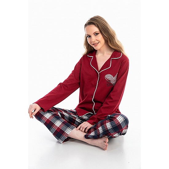 Kadın Boydan Düğmeli %100 Pamuk Gömlek Yaka Lacivert Renk Pijama Takımı - KIRMIZI