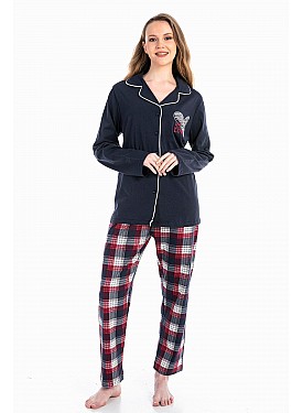Kadın Boydan Düğmeli %100 Pamuk Gömlek Yaka Lacivert Renk Pijama Takımı - LACİVERT
