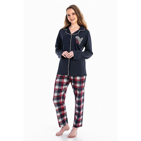 Kadın Boydan Düğmeli %100 Pamuk Gömlek Yaka Lacivert Renk Pijama Takımı - LACİVERT