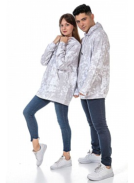 Unisex Batik Baskılı 3 Iplik Oversize Kapüşonlu Kanguru Cepli Batik Sevgili Kombini Sweatshirt - GRİ-BEYAZ