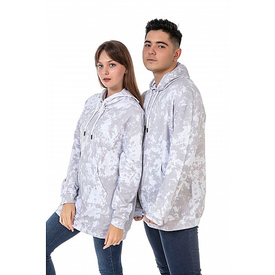 Unisex Batik Baskılı 3 Iplik Oversize Kapüşonlu Kanguru Cepli Batik Sevgili Kombini Sweatshirt - GRİ-BEYAZ