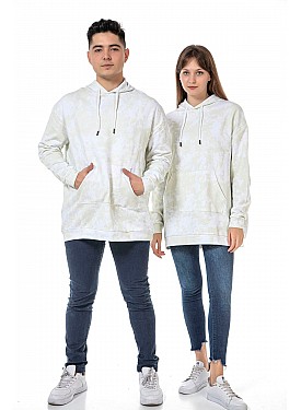 Unisex Batik Baskılı 3 Iplik Oversize Kapüşonlu Kanguru Cepli Batik Sevgili Kombini Sweatshırt - YEŞİL-BEYAZ