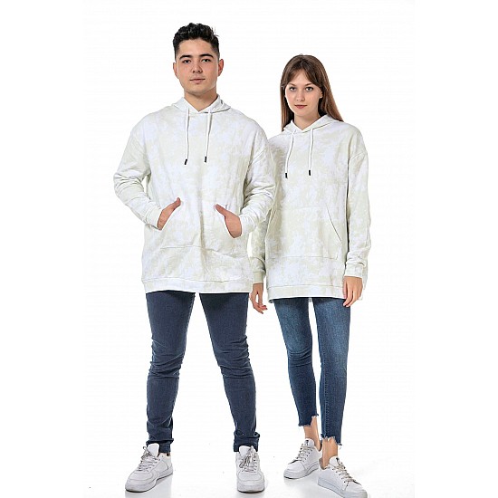 Unisex Batik Baskılı 3 Iplik Oversize Kapüşonlu Kanguru Cepli Batik Sevgili Kombini Sweatshırt - YEŞİL-BEYAZ