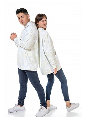 Unisex Batik Baskılı 3 Iplik Oversize Kapüşonlu Kanguru Cepli Batik Sevgili Kombini Sweatshırt - YEŞİL-BEYAZ