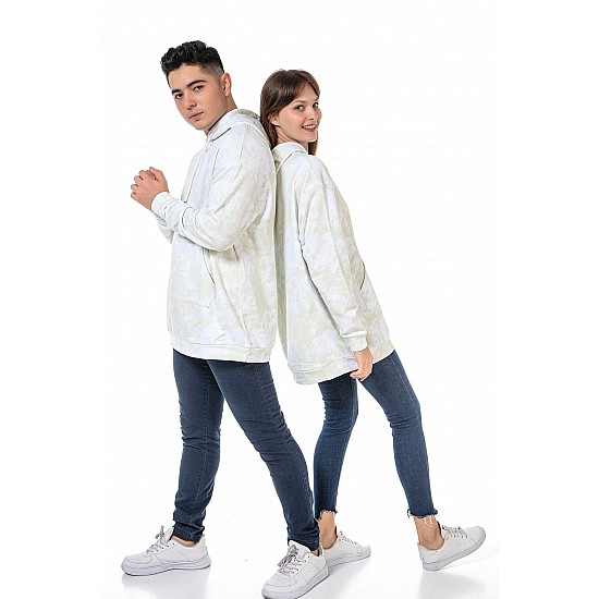 Unisex Batik Baskılı 3 Iplik Oversize Kapüşonlu Kanguru Cepli Batik Sevgili Kombini Sweatshırt - YEŞİL-BEYAZ