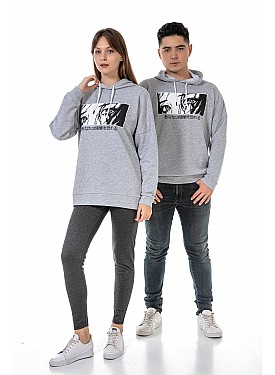 Unisex Anime Baskılı 3 Iplik Kapüşonlu Gri Renk Sevgili Kombini Sweatshirt - GRİ