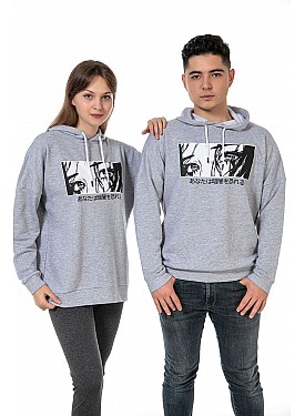 Unisex Anime Baskılı 3 Iplik Kapüşonlu Gri Renk Sevgili Kombini Sweatshirt - GRİ