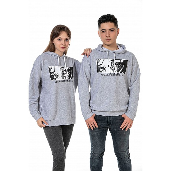 Unisex Anime Baskılı 3 Iplik Kapüşonlu Gri Renk Sevgili Kombini Sweatshirt - GRİ